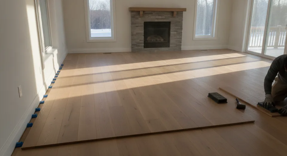 Installer laying hardwood flooring in a Guelph home